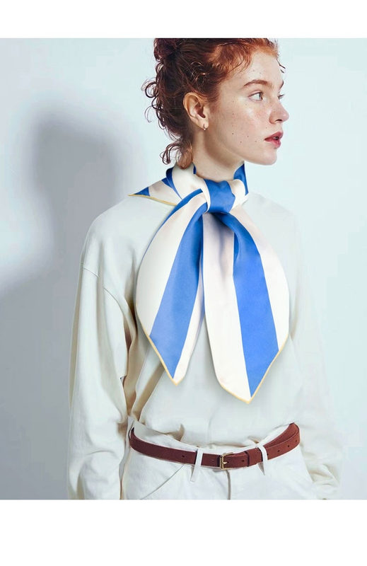 Custom Navy Blue Stripe Style Digital Printed Silk Scarf