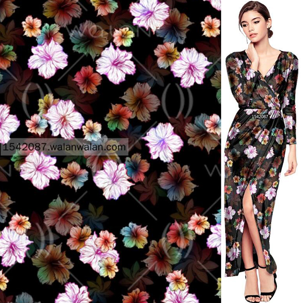 Low MOQ Print As Demand Black Flower Digital Print Silk Habotai Fabric