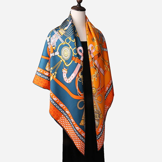 Luxury Double Sided Digital Printed Pure Mulberry Square Silk Scarf For Lady 